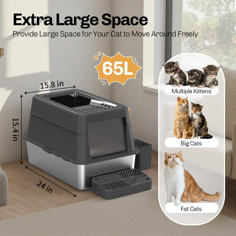 Stainless Steel Litter Box with Lid XL Closed Metal Enclosed Cat Litter Box Fits All Cats Modular Design High Sided Non Stick Easy Cleaning