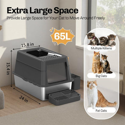 Stainless Steel Litter Box with Lid XL Closed Metal Enclosed Cat Litter Box Fits All Cats Modular Design High Sided Non Stick Easy Cleaning