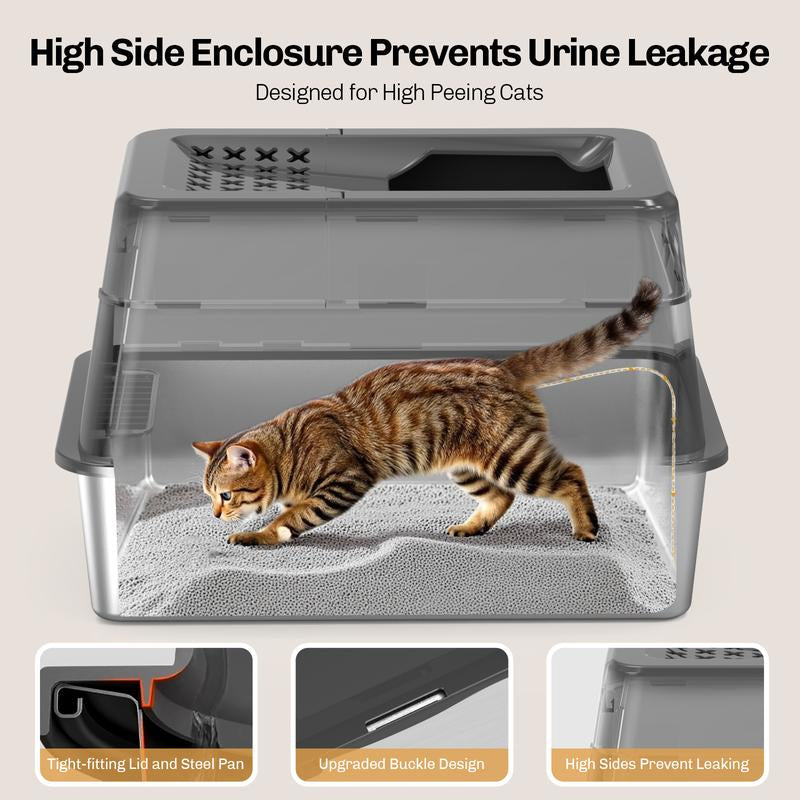 Stainless Steel Litter Box with Lid XL Closed Metal Enclosed Cat Litter Box Fits All Cats Modular Design High Sided Non Stick Easy Cleaning