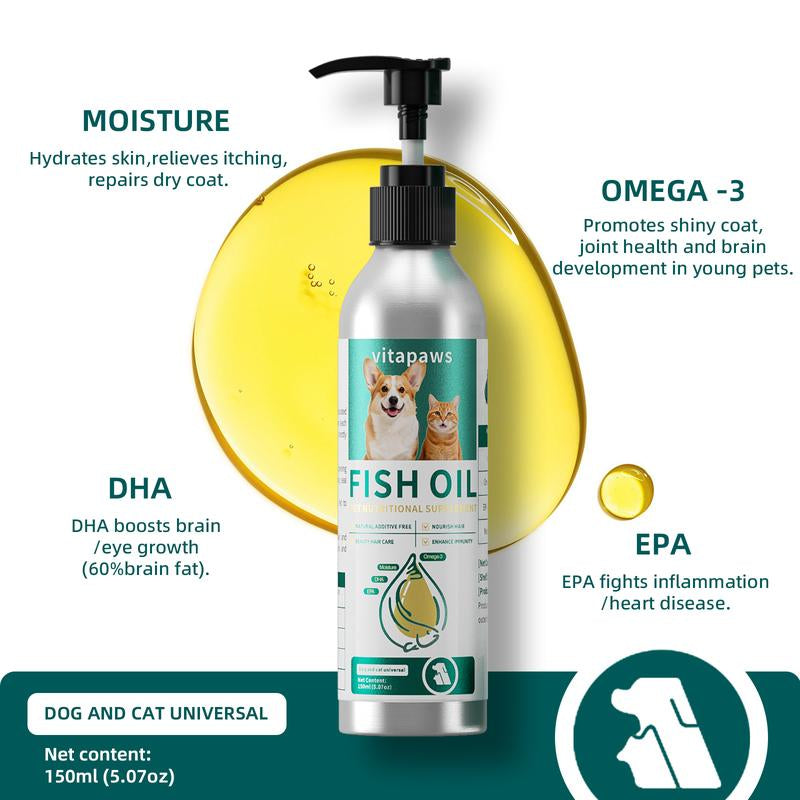 Fish Oil for Dogs & Cats - Healthy Skin & Coat, Fish Oil, Liquid Food Supplement for Pets, All Natural, Supports Joint & Bone Health, Enhance Immunity