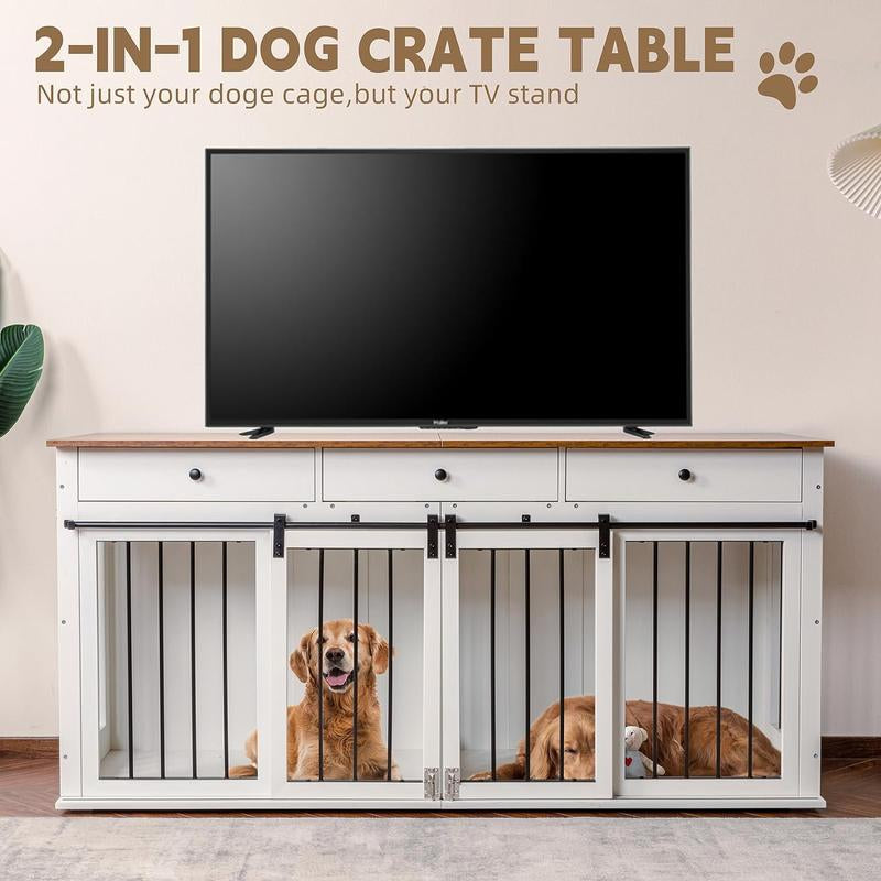 Sunseen Dog Crate Furniture Large Breed Wooden Dog Kennel with Room Divider & 3 Drawer,Double Doors Heavy Duty Dog Crate End Table Indoor TV Stand for Small Medium Large Dog,72''W*24''D*35''H,White