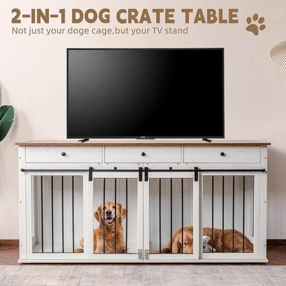 Sunseen Dog Crate Furniture Large Breed Wooden Dog Kennel with Room Divider & 3 Drawer,Double Doors Heavy Duty Dog Crate End Table Indoor TV Stand for Small Medium Large Dog,72''W*24''D*35''H,White