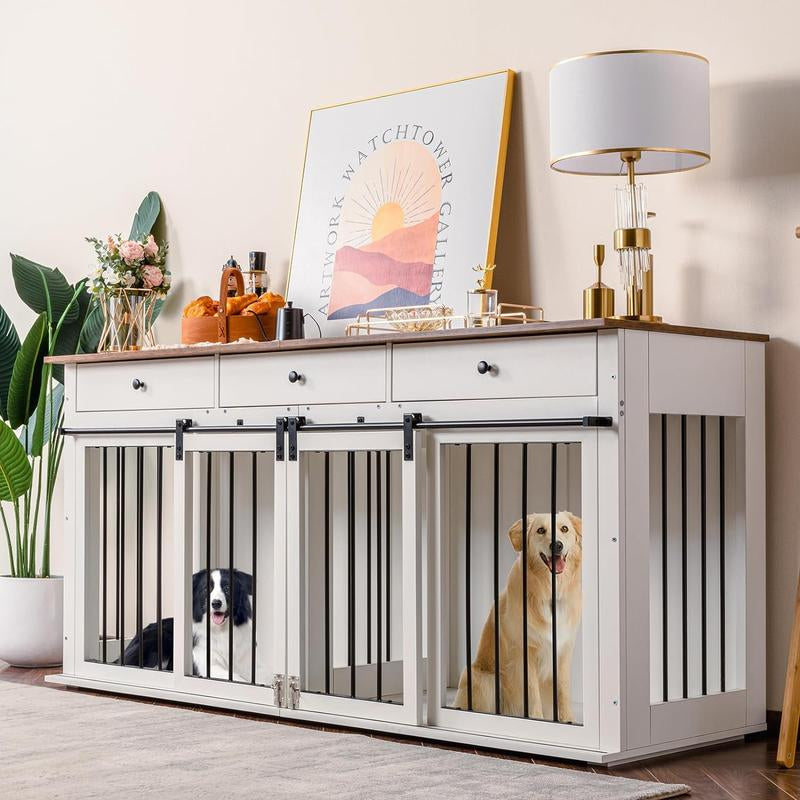 Sunseen Dog Crate Furniture Large Breed Wooden Dog Kennel with Room Divider & 3 Drawer,Double Doors Heavy Duty Dog Crate End Table Indoor TV Stand for Small Medium Large Dog,72''W*24''D*35''H,White