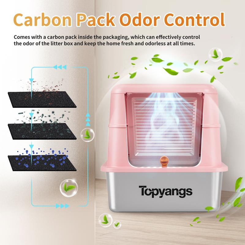 TOPYANS XL Stainless Steel Cat Litter Box with Lid, 20L Metal Enclosed Litter Box for Big Cat, Flip-Top Design with Anti-Leakage High Sides, Large Cat Lovers Gifts, Pink