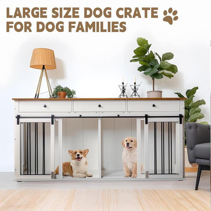 Sunseen Dog Crate Furniture Large Breed Wooden Dog Kennel with Room Divider & 3 Drawer,Double Doors Heavy Duty Dog Crate End Table Indoor TV Stand for Small Medium Large Dog,72''W*24''D*35''H,White