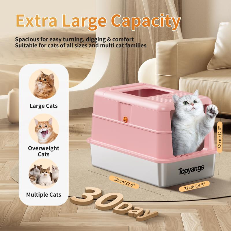 TOPYANS XL Stainless Steel Cat Litter Box with Lid, 20L Metal Enclosed Litter Box for Big Cat, Flip-Top Design with Anti-Leakage High Sides, Large Cat Lovers Gifts, Pink