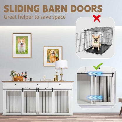 Sunseen Dog Crate Furniture Large Breed Wooden Dog Kennel with Room Divider & 3 Drawer,Double Doors Heavy Duty Dog Crate End Table Indoor TV Stand for Small Medium Large Dog,72''W*24''D*35''H,White