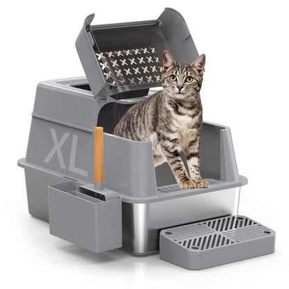 Stainless Steel Litter Box with Lid XL Closed Metal Enclosed Cat Litter Box Fits All Cats Modular Design High Sided Non Stick Easy Cleaning