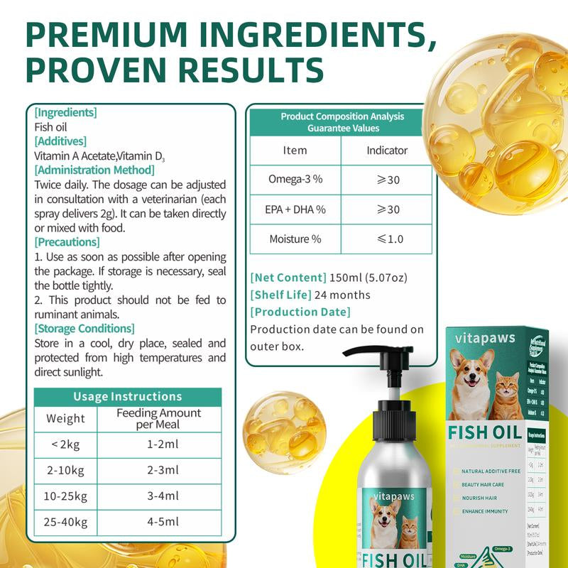 Fish Oil for Dogs & Cats - Healthy Skin & Coat, Fish Oil, Liquid Food Supplement for Pets, All Natural, Supports Joint & Bone Health, Enhance Immunity
