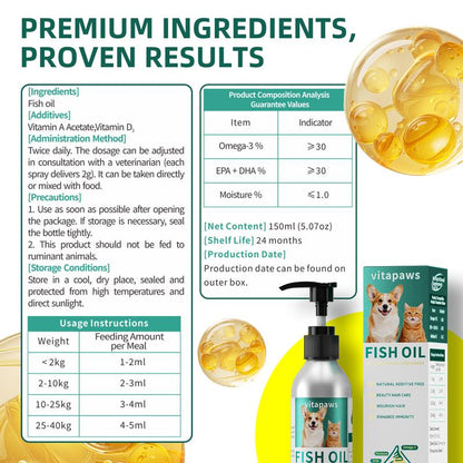 Fish Oil for Dogs & Cats - Healthy Skin & Coat, Fish Oil, Liquid Food Supplement for Pets, All Natural, Supports Joint & Bone Health, Enhance Immunity