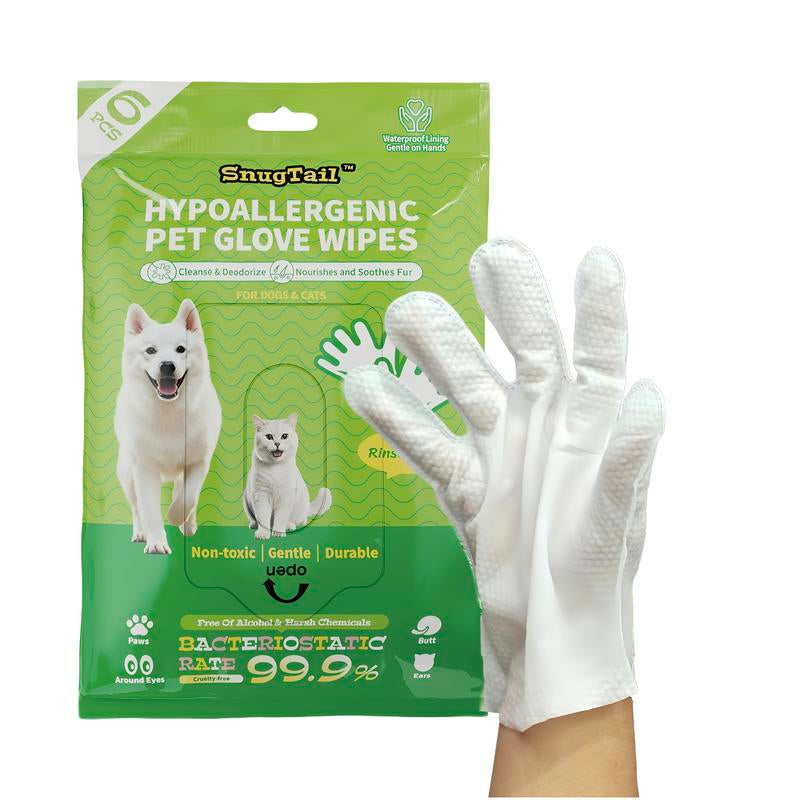 Snugtail Pet Cleaning Glove Wipes for Dogs & Cats, Hypoallergenic Deodorizing Disposable No-Rinse Grooming Wipes, Extra Thick Bathing Wipes,Perfect for Pet Dry Cleaning,Daily Care and Travel, 6Pcs