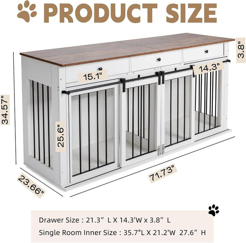 Sunseen Dog Crate Furniture Large Breed Wooden Dog Kennel with Room Divider & 3 Drawer,Double Doors Heavy Duty Dog Crate End Table Indoor TV Stand for Small Medium Large Dog,72''W*24''D*35''H,White