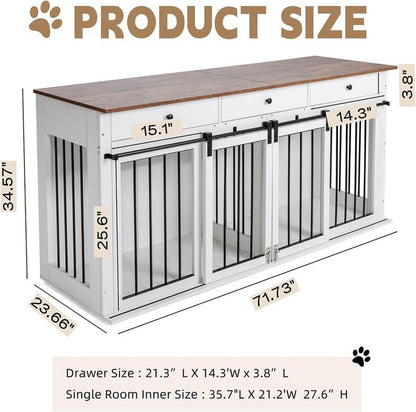 Sunseen Dog Crate Furniture Large Breed Wooden Dog Kennel with Room Divider & 3 Drawer,Double Doors Heavy Duty Dog Crate End Table Indoor TV Stand for Small Medium Large Dog,72''W*24''D*35''H,White