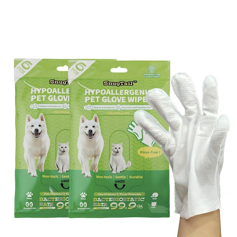 Snugtail Pet Cleaning Glove Wipes for Dogs & Cats, Hypoallergenic Deodorizing Disposable No-Rinse Grooming Wipes, Extra Thick Bathing Wipes,Perfect for Pet Dry Cleaning,Daily Care and Travel, 6Pcs