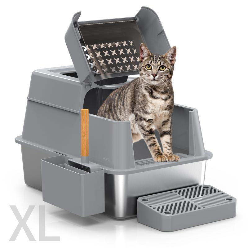 Stainless Steel Litter Box with Lid XL Closed Metal Enclosed Cat Litter Box Fits All Cats Modular Design High Sided Non Stick Easy Cleaning