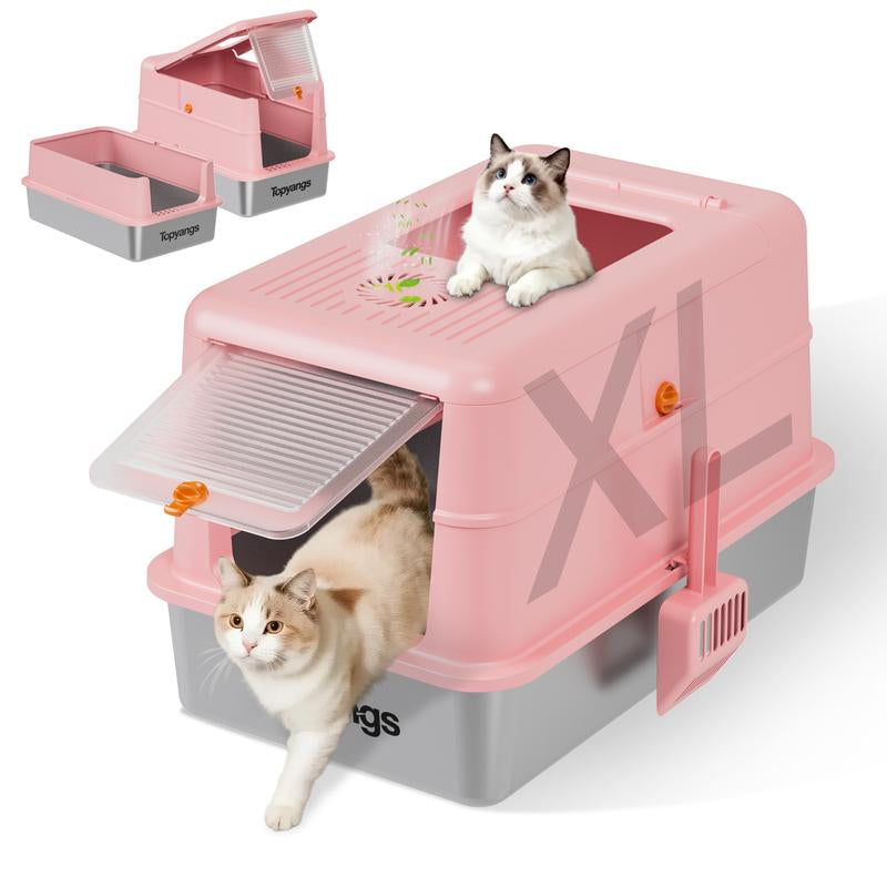 TOPYANS XL Stainless Steel Cat Litter Box with Lid, 20L Metal Enclosed Litter Box for Big Cat, Flip-Top Design with Anti-Leakage High Sides, Large Cat Lovers Gifts, Pink