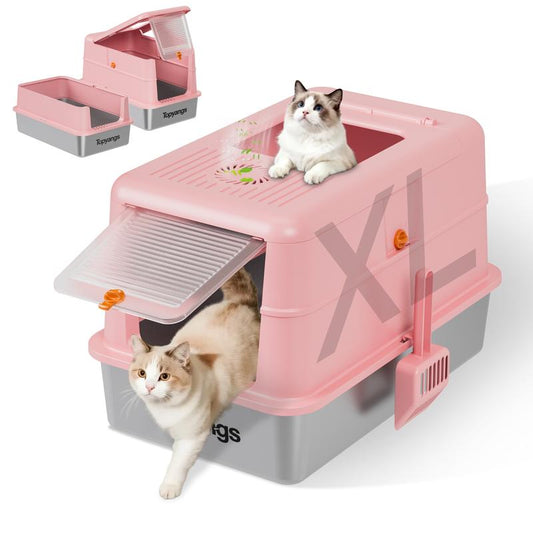 TOPYANS XL Stainless Steel Cat Litter Box with Lid, 20L Metal Enclosed Litter Box for Big Cat, Flip-Top Design with Anti-Leakage High Sides, Large Cat Lovers Gifts, Pink