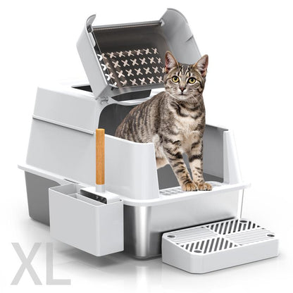 Stainless Steel Litter Box with Lid XL Closed Metal Enclosed Cat Litter Box Fits All Cats Modular Design High Sided Non Stick Easy Cleaning