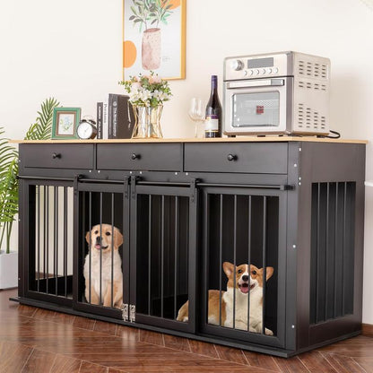 Sunseen Dog Crate Furniture Large Breed Wooden Dog Kennel with Room Divider & 3 Drawer,Double Doors Heavy Duty Dog Crate End Table Indoor TV Stand for Small Medium Large Dog,72''W*24''D*35''H,White